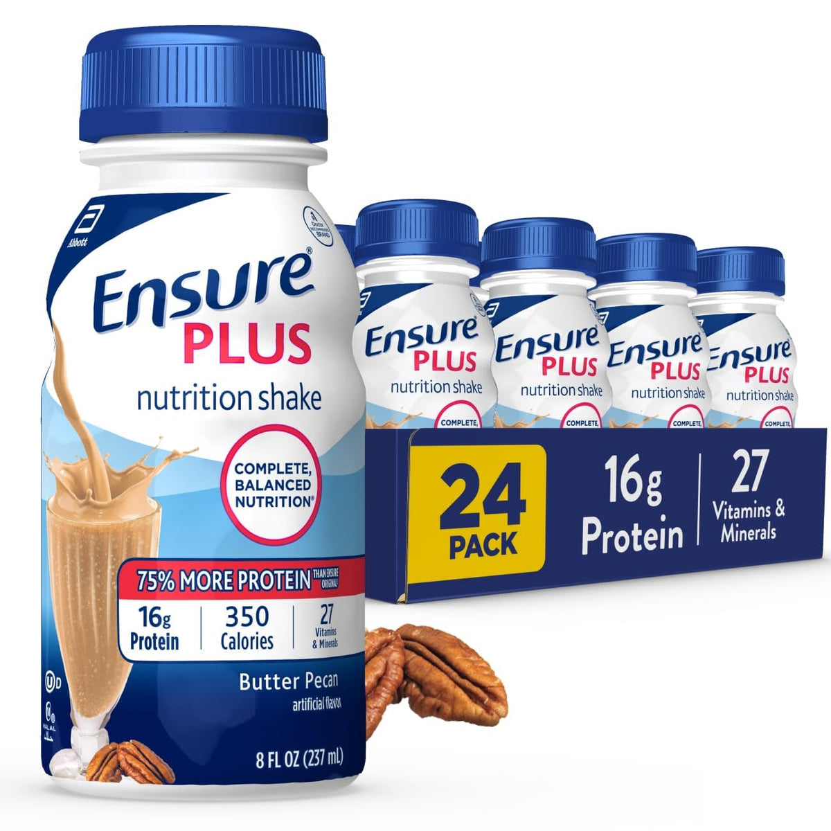Envase frontal Ensure Plus Butter Pecan mostrando el diseño y cantidad — conveniencia inmediata