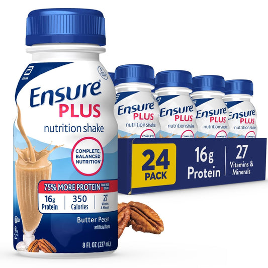 Envase frontal Ensure Plus Butter Pecan mostrando el diseño y cantidad — conveniencia inmediata