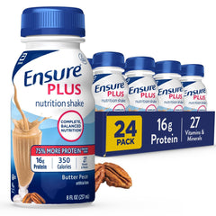 Envase frontal Ensure Plus Butter Pecan mostrando el diseño y cantidad — conveniencia inmediata