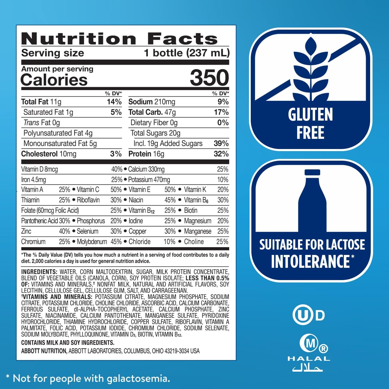 Detalle de la lista de ingredientes y certificaciones en Ensure Plus — claridad sobre composición