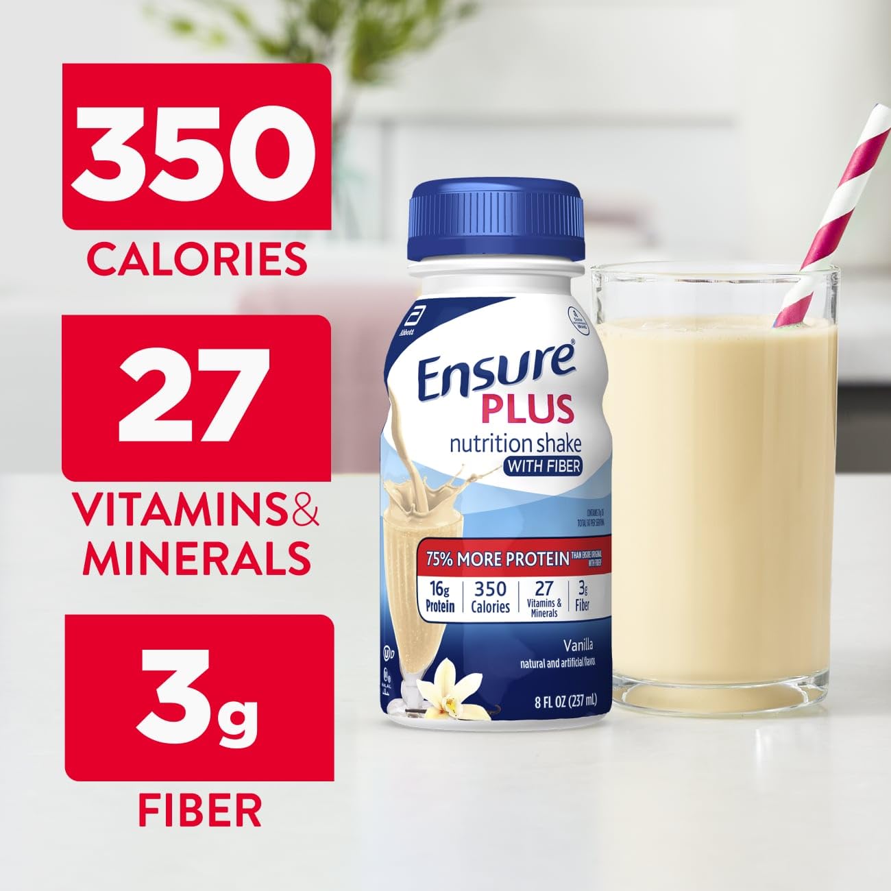 Botella Ensure Plus abierta lista para beber, aporte nutricional rápido