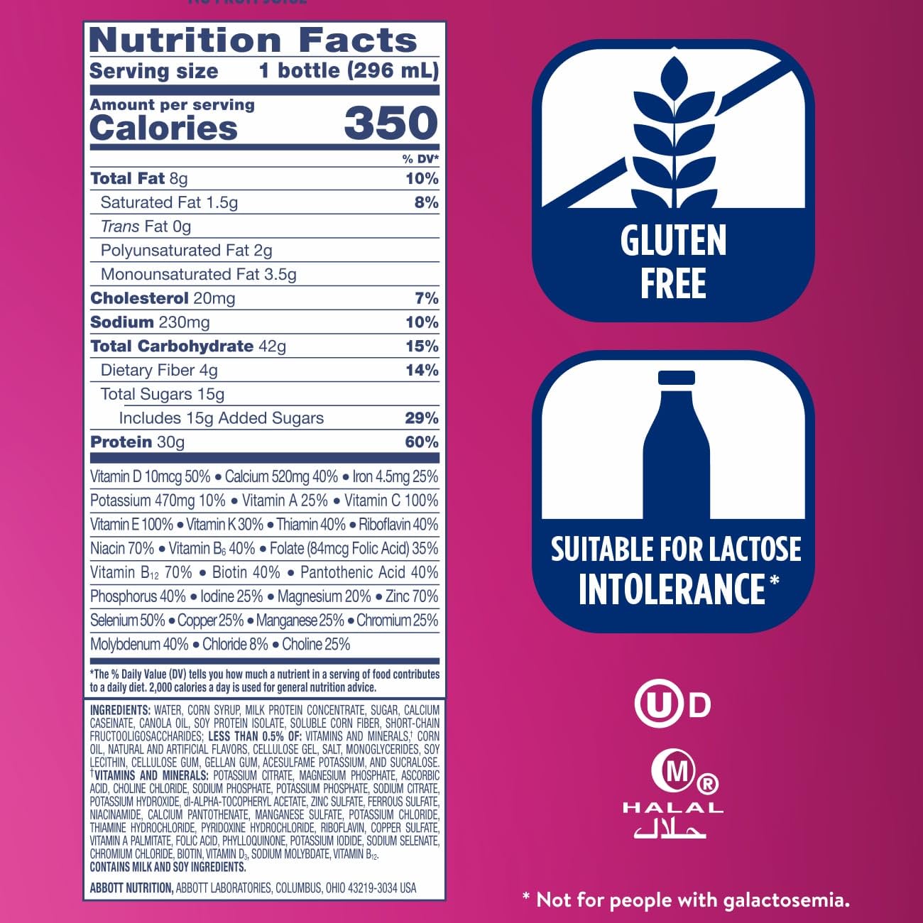 Etiqueta nutricional Ensure vainilla con lista de vitaminas y minerales