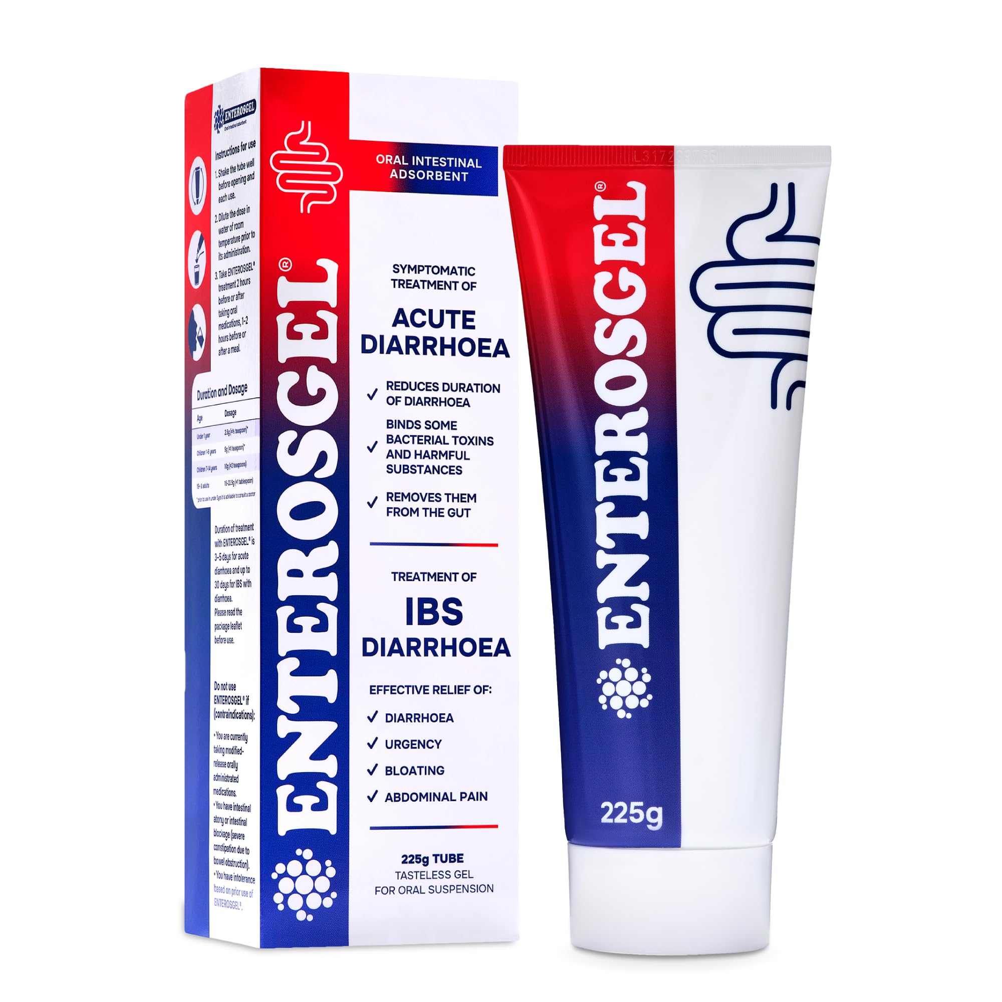 Enterosgel tubo frontal 225 g mostrando el envase y la marca, útil para identificación rápida