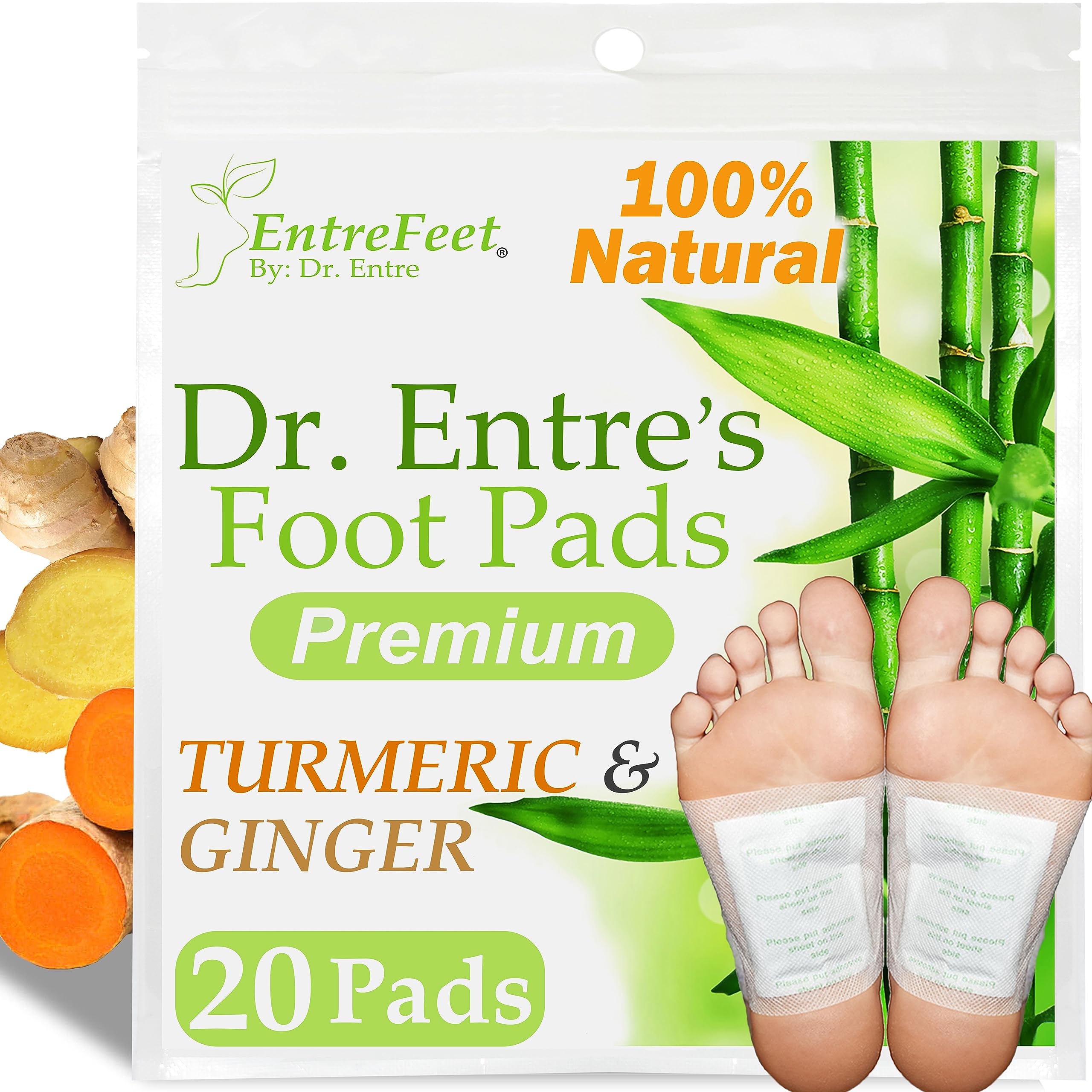 EntreFeet empaque frontal mostrando 20 parches y beneficios naturales