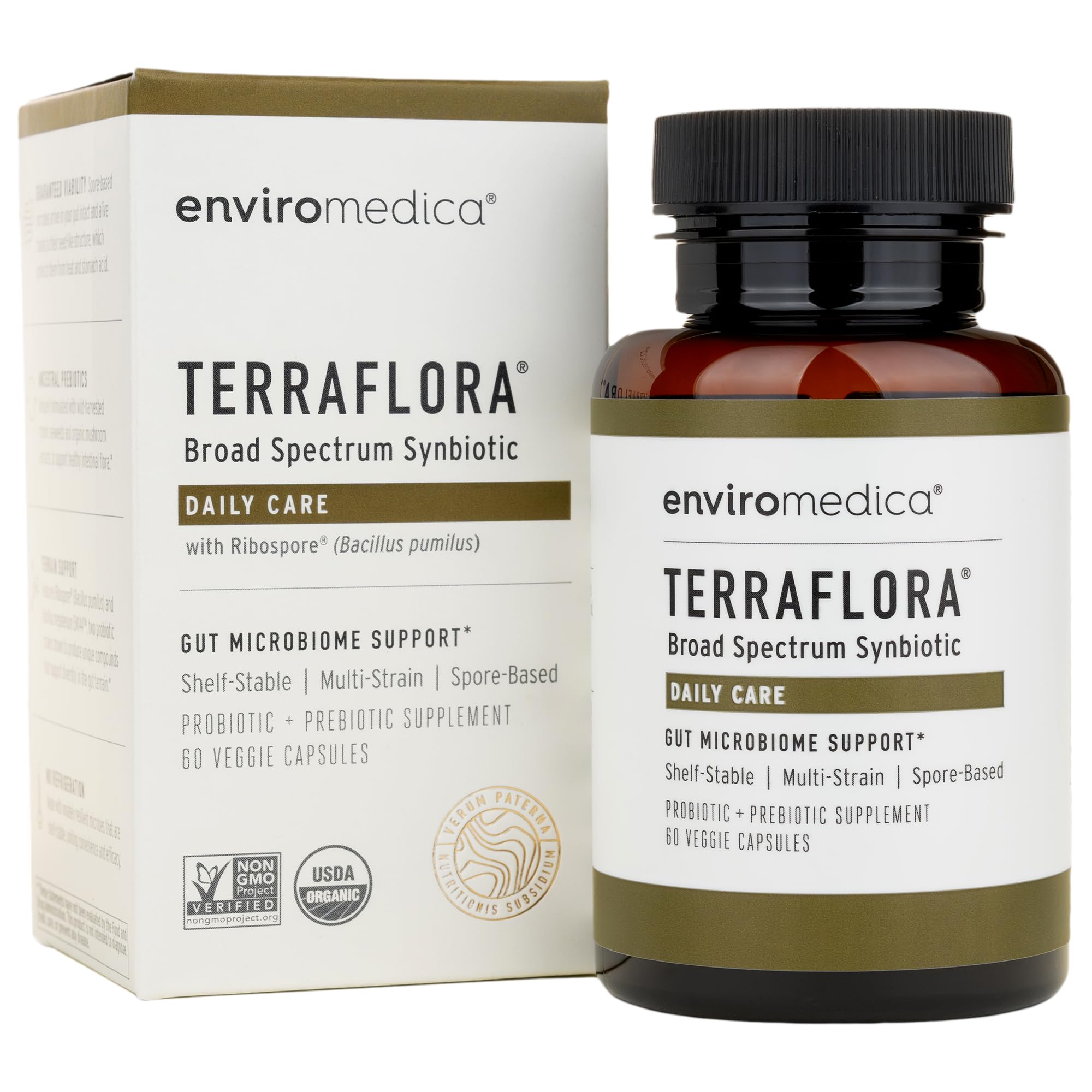 Envase Terraflora Daily Care de Enviromedica mostrando diseño y cantidad 60 cápsulas, ideal para viaje