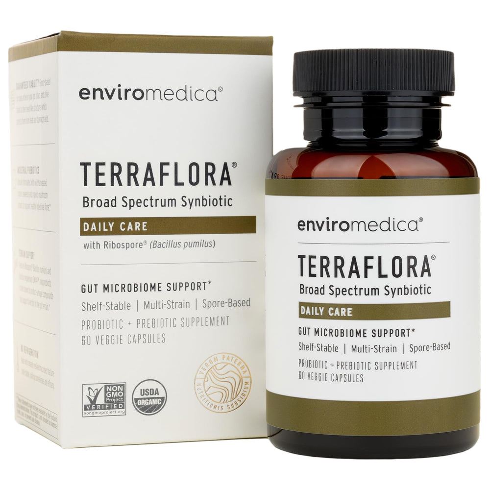 Envase Terraflora Daily Care de Enviromedica mostrando diseño y cantidad 60 cápsulas, ideal para viaje