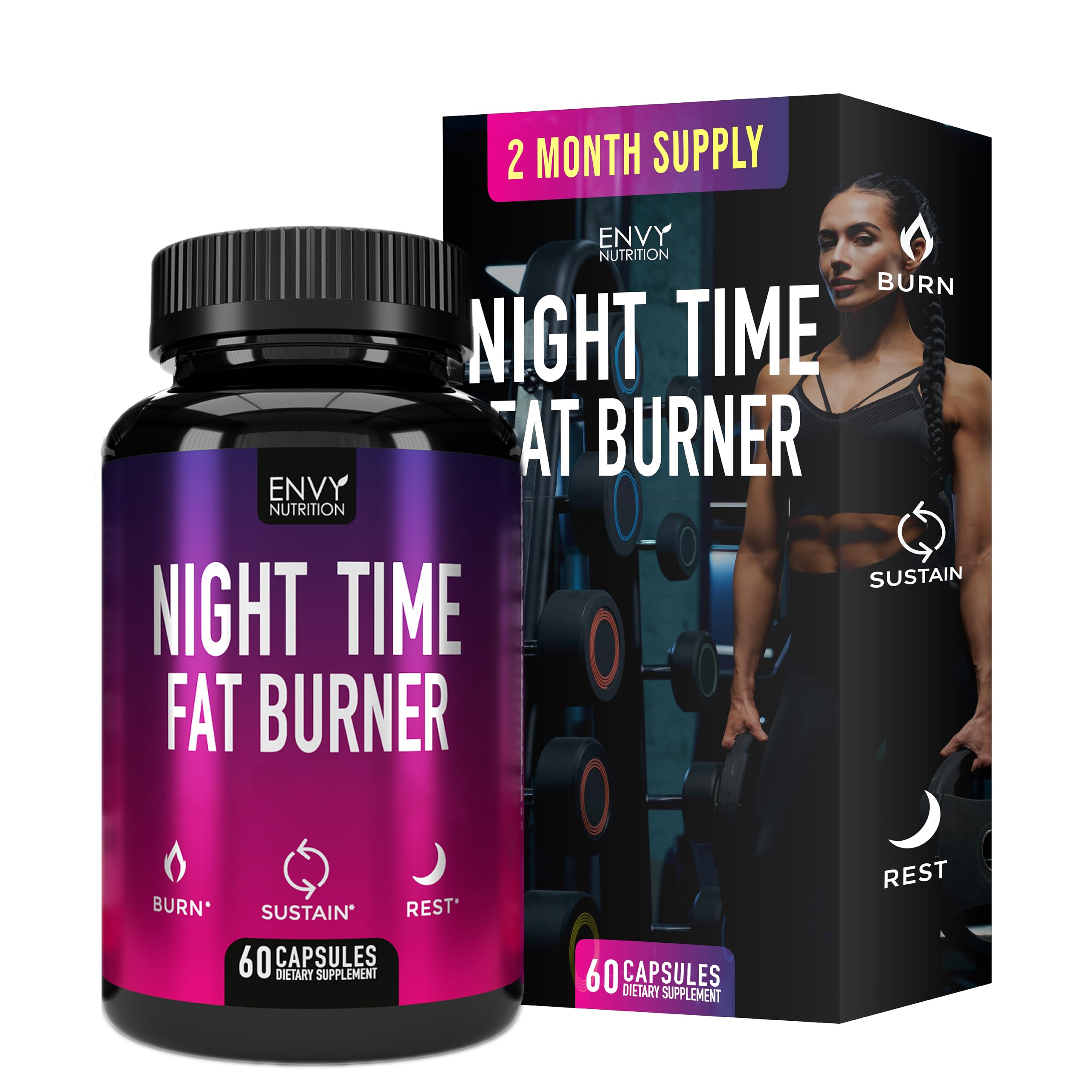 Envase frontal de Envy Nutrition Night Time Fat Burner mostrando diseño y cantidad