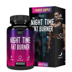Envase frontal de Envy Nutrition Night Time Fat Burner mostrando diseño y cantidad