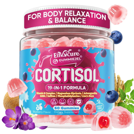 EnvyCure frasco frontal de Cortisol Gummies con etiqueta clara y bonito diseño