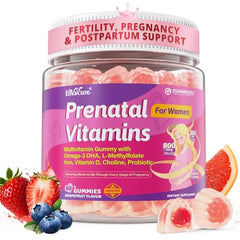 EnvyCure botella frontal de gomitas prenatales mostrando envase y beneficio conveniencia