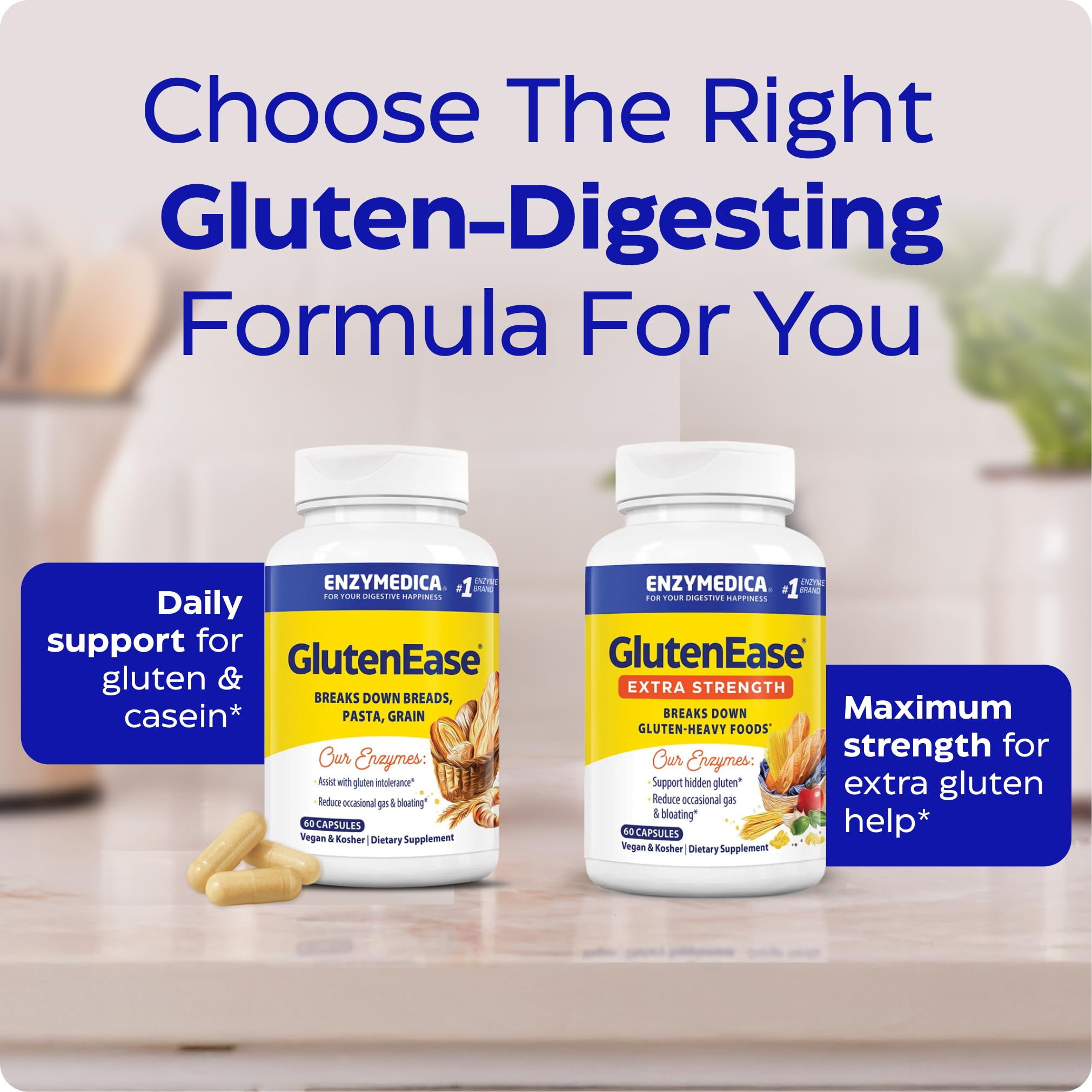 Enzymedica GlutenEase Extra Strength etiqueta vegana y kosher Sin gluten y lácteos