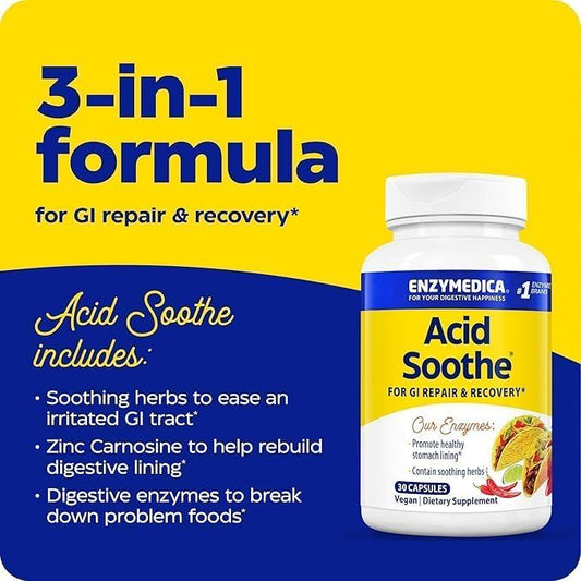Enzymedica Acid Soothe cápsulas en primer plano que facilitan la digestión