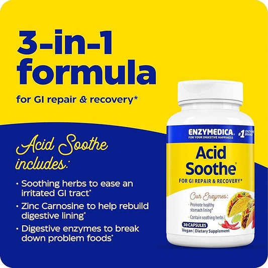 Etiqueta frontal de Acid Soothe mostrando ingredientes y beneficios para la digestión