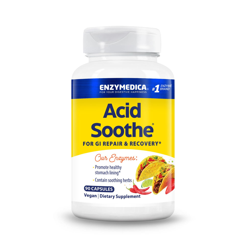 Enzymedica Acid Soothe envase frontal mostrando 90 cápsulas y beneficio digestivo
