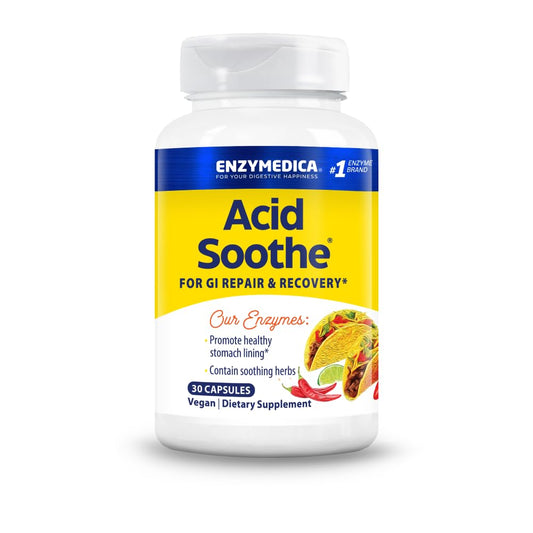 Enzymedica Acid Soothe vista frontal del envase ayuda a identificar el producto