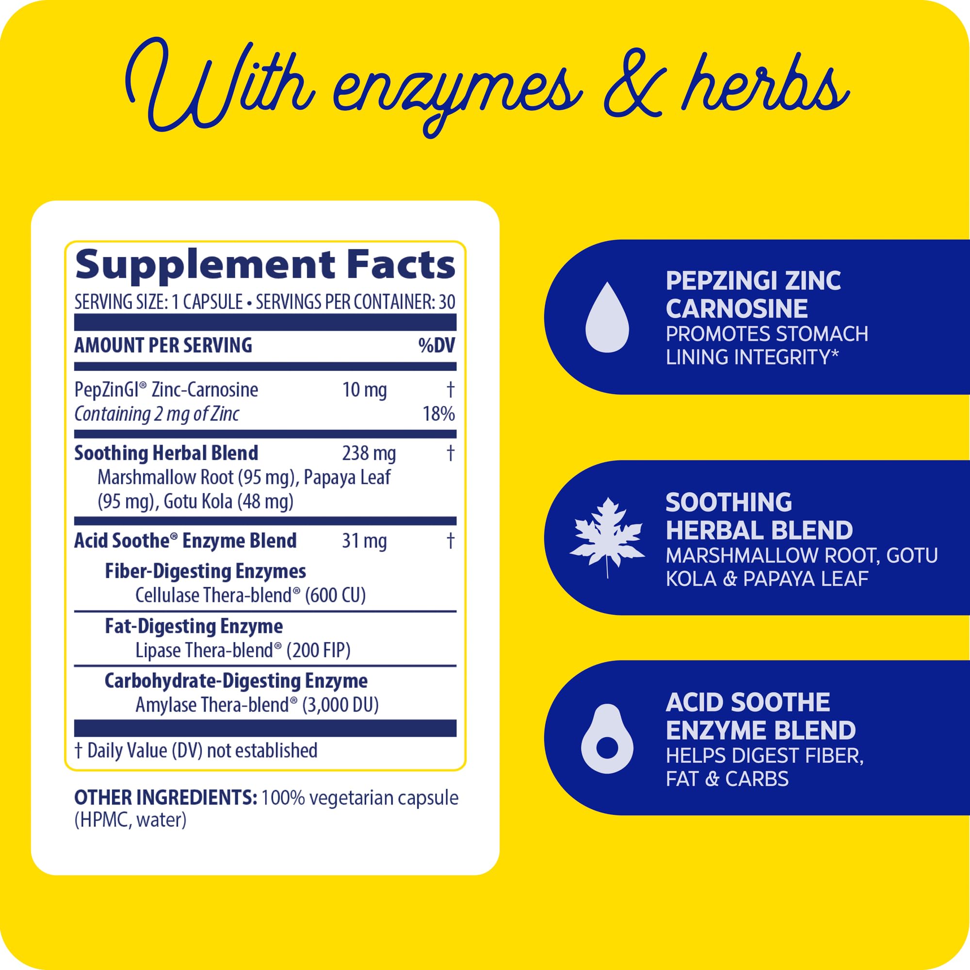 Enzymedica Acid Soothe cápsula en primer plano muestra textura y tamaño cómodo