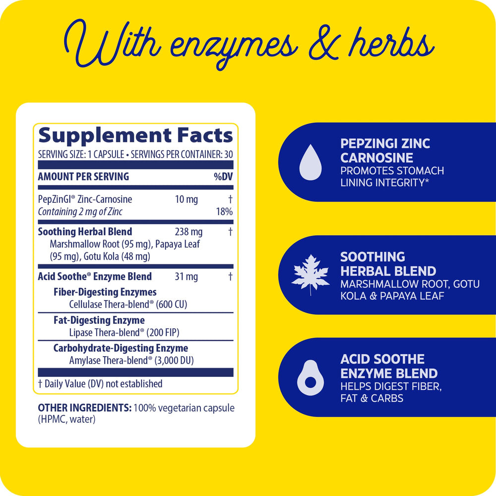 Enzymedica Acid Soothe cápsula en primer plano muestra textura y tamaño cómodo