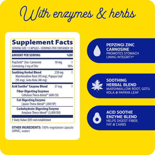 Enzymedica Acid Soothe cápsula en primer plano muestra textura y tamaño cómodo