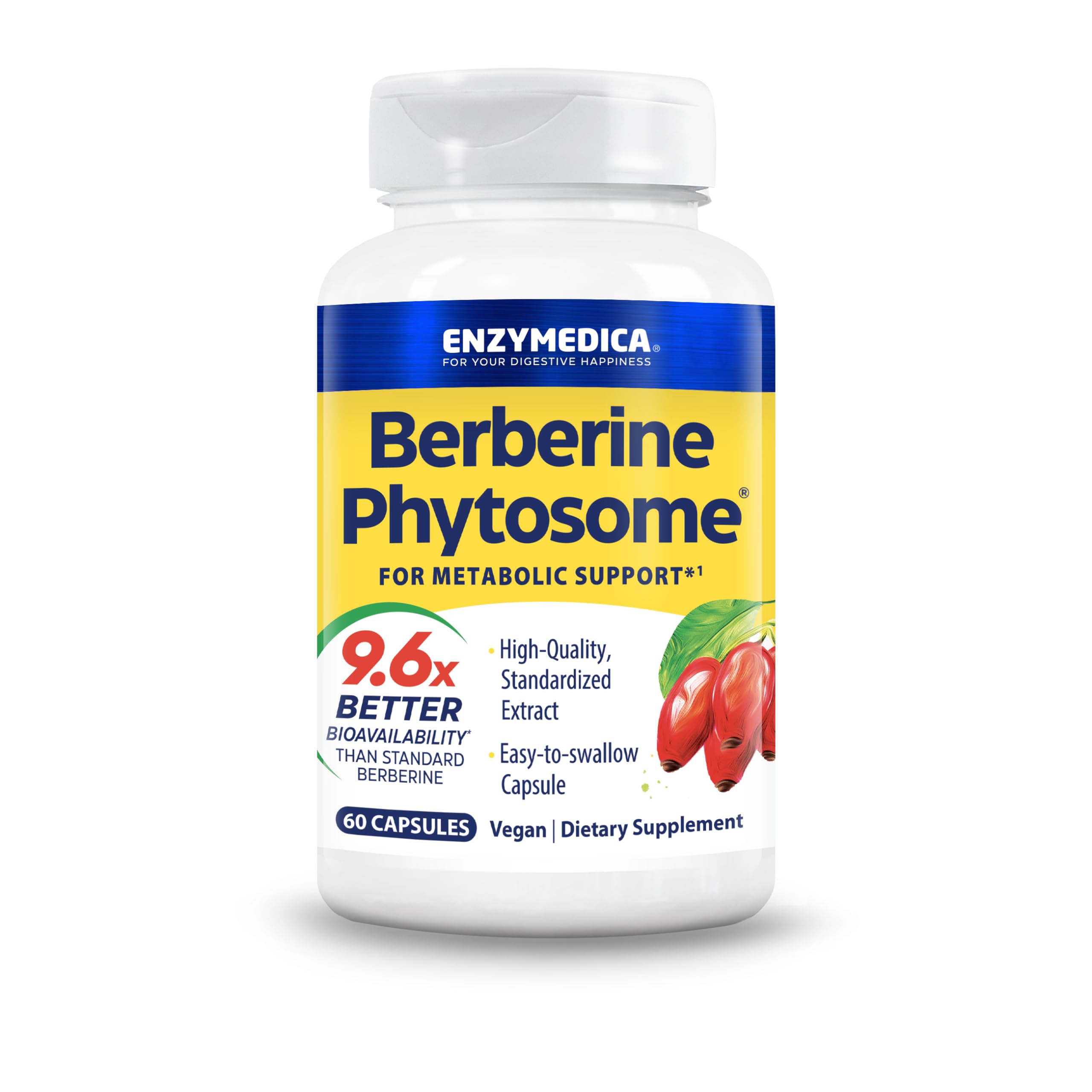 Enzymedica bote frontal del suplemento Berberine Phytosome mostrando la marca y beneficio de alta absorción