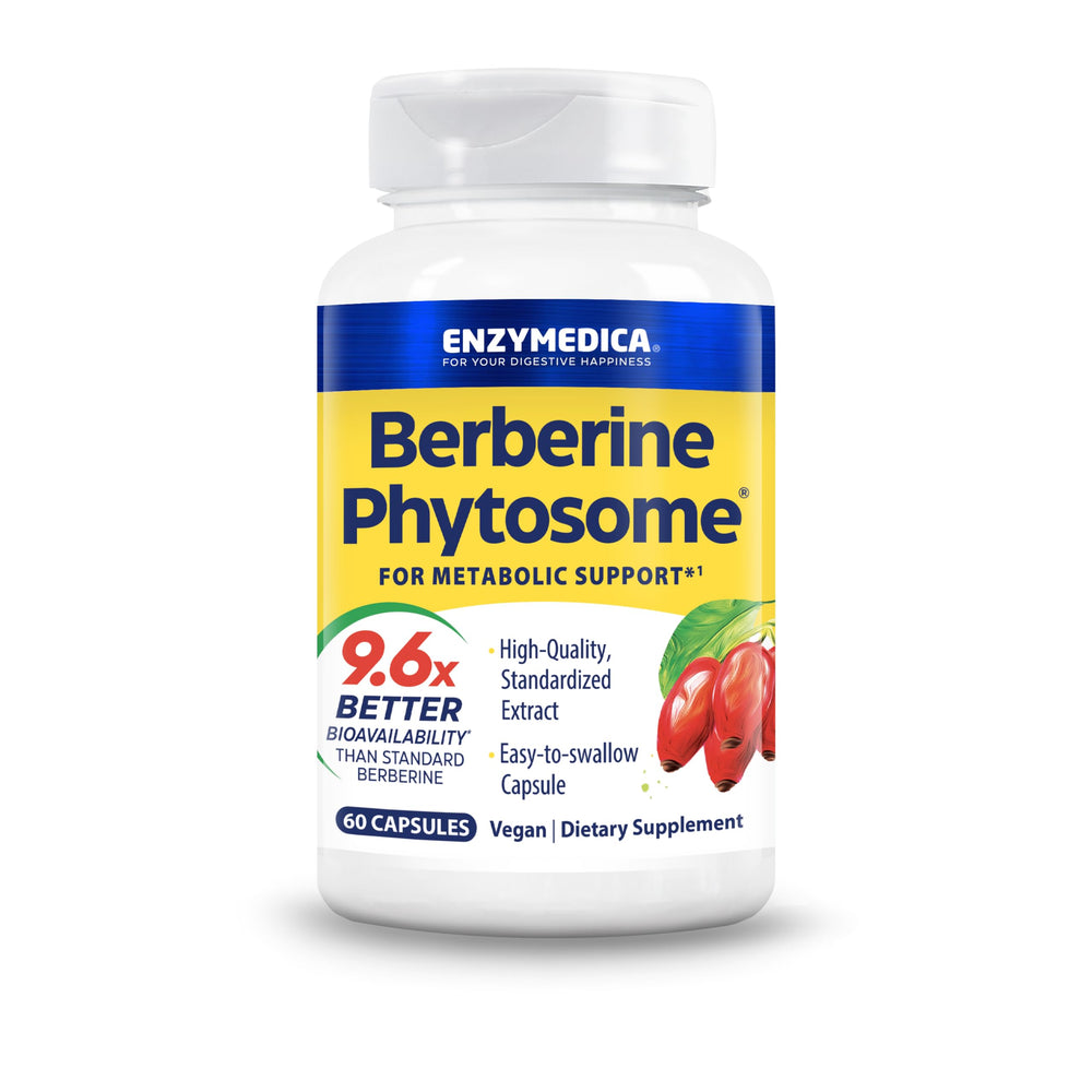 Enzymedica bote frontal del suplemento Berberine Phytosome mostrando la marca y beneficio de alta absorción