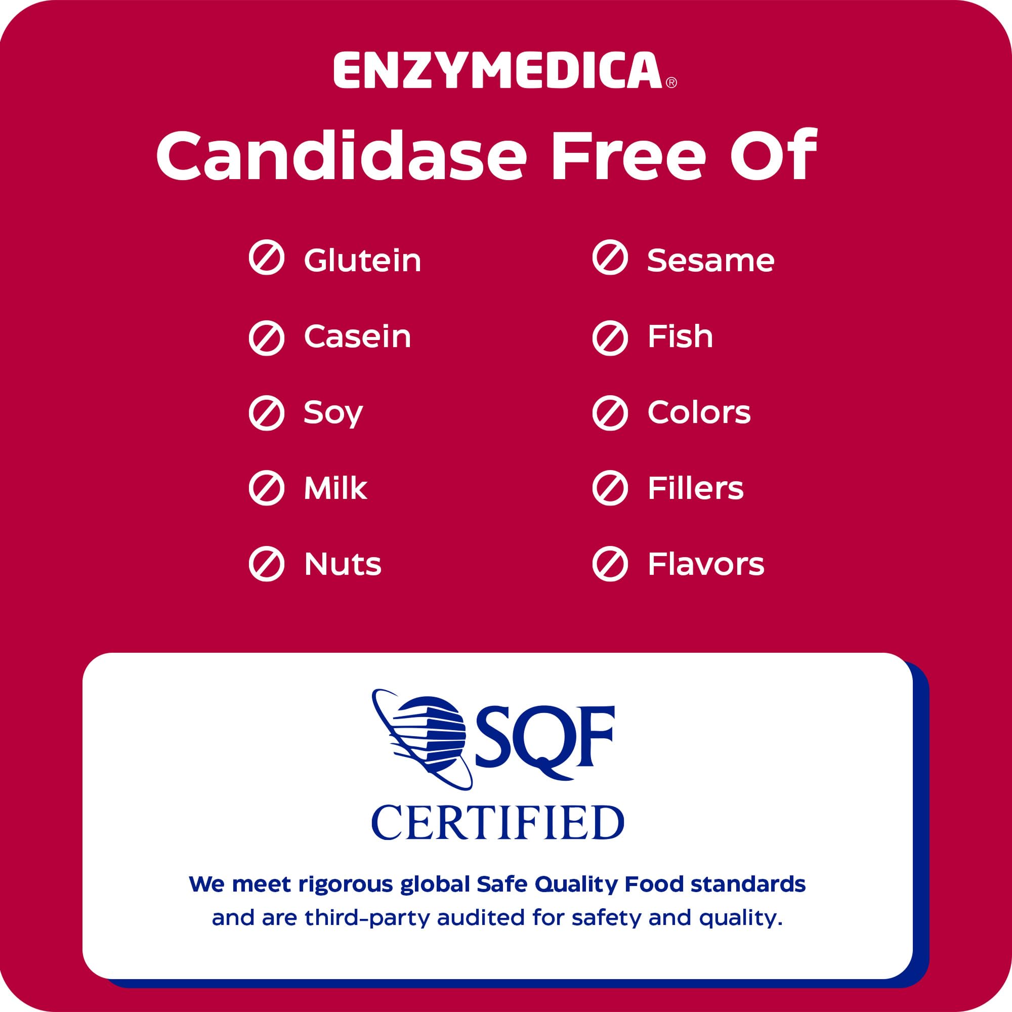 Enzymedica embalaje con sellos de calidad y certificaciones visibles