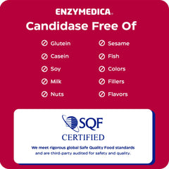 Enzymedica embalaje con sellos de calidad y certificaciones visibles
