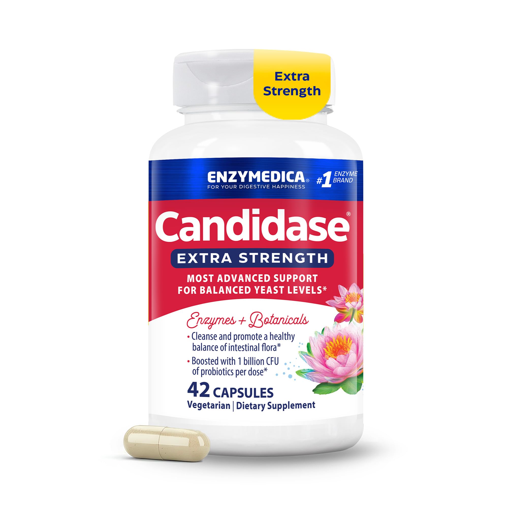Enzymedica frasco Candidase frente mostrando etiqueta y beneficio de equilibrio