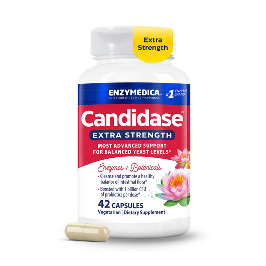 Enzymedica frasco Candidase frente mostrando etiqueta y beneficio de equilibrio