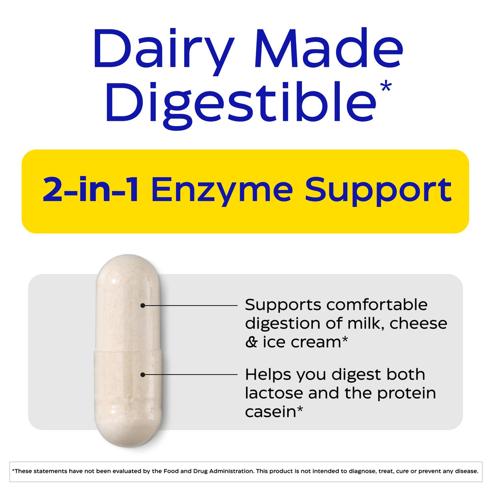 Envase de Enzymedica DairyAssist abierto mostrando las cápsulas para uso diario