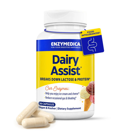 Enzymedica DairyAssist envase frontal con diseño claro y beneficios visibles