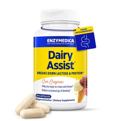 Enzymedica DairyAssist envase frontal con diseño claro y beneficios visibles