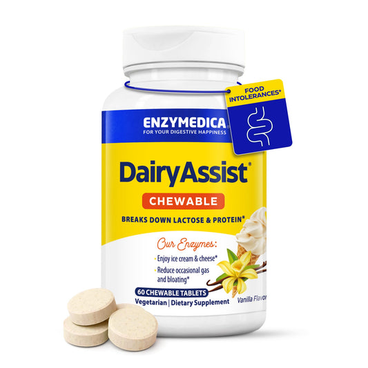 Tabletas masticables Enzymedica DairyAssist para digestión cómoda de lácteos