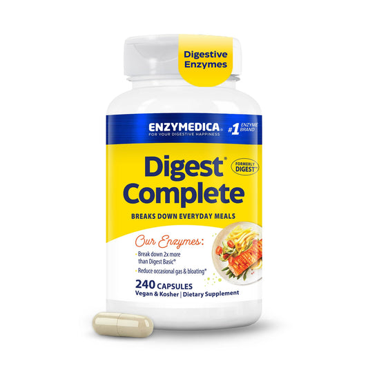 Enzymedica bote frontal mostrando Digest Complete y cápsulas para digestión rápida