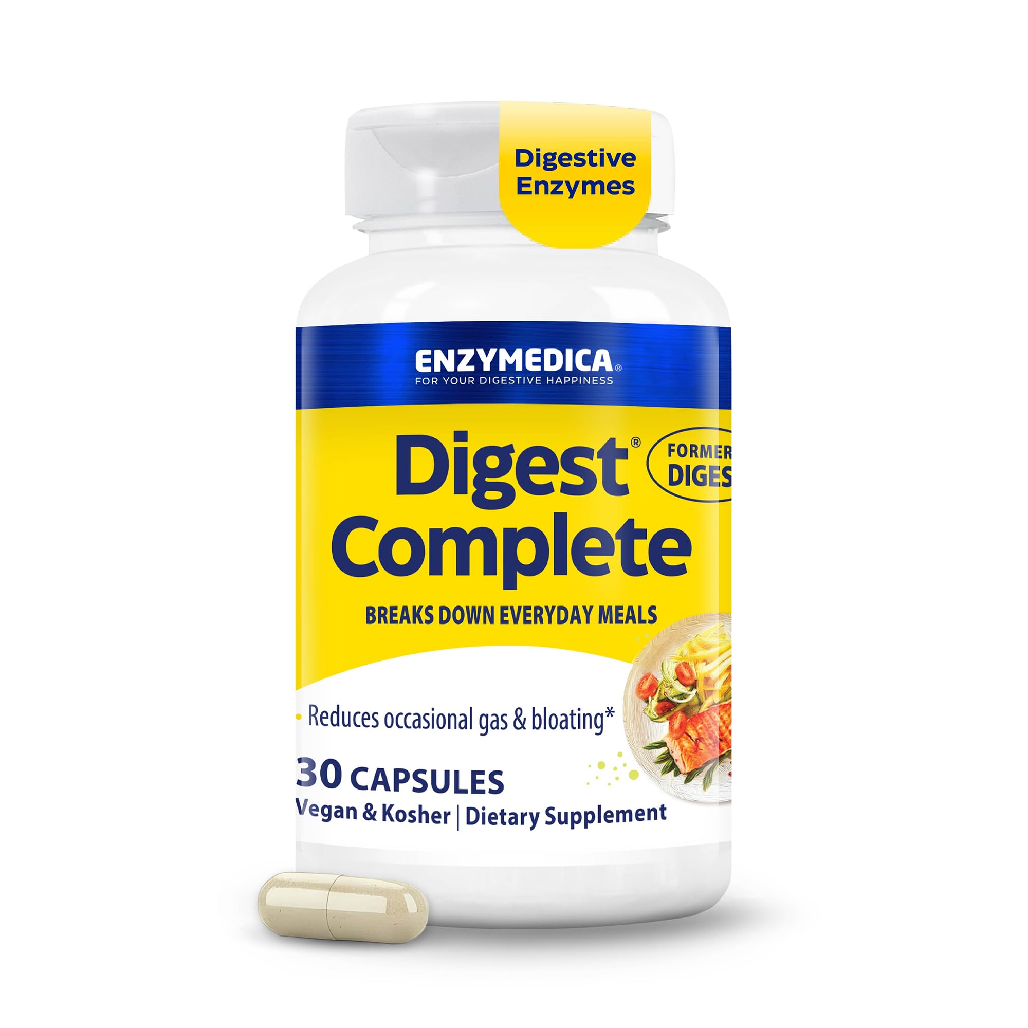 Enzymedica frasco frontal mostrando cápsulas y diseño, claridad del producto