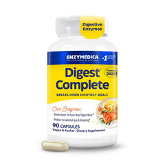 Enzymedica frasco frontal mostrando Digest Complete y beneficios digestivos