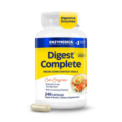Enzymedica bote frontal mostrando Digest Complete y cápsulas para digestión rápida