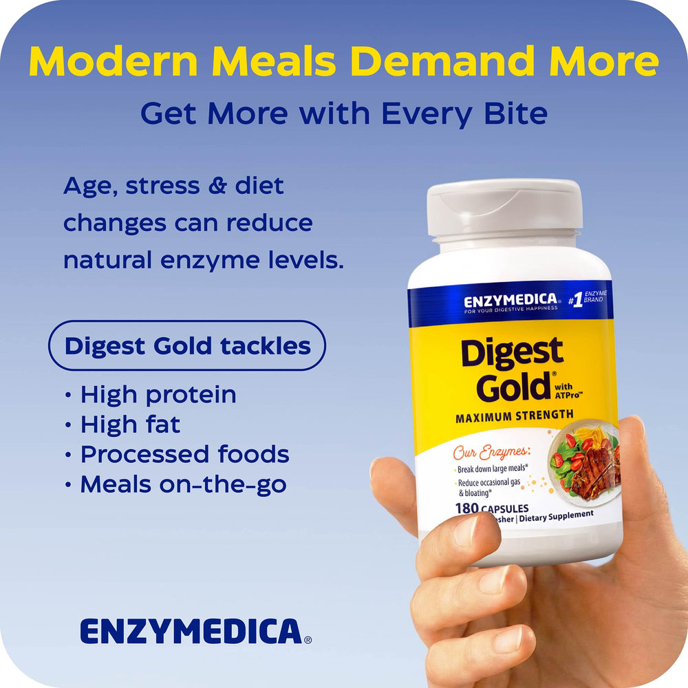 Distribución de 180 cápsulas Enzymedica Digest Gold en la presentación del producto