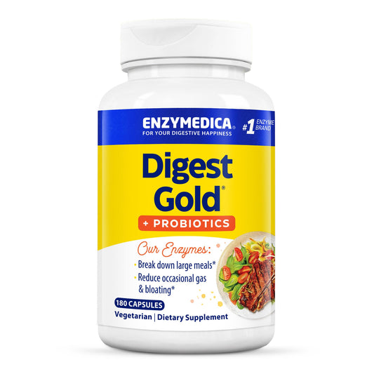 Enzymedica Digest Gold: botella de cápsulas para apoyo digestivo diario.