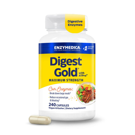 Enzymedica Digest Gold caja frontal mostrando envase y cantidad, facilita elección