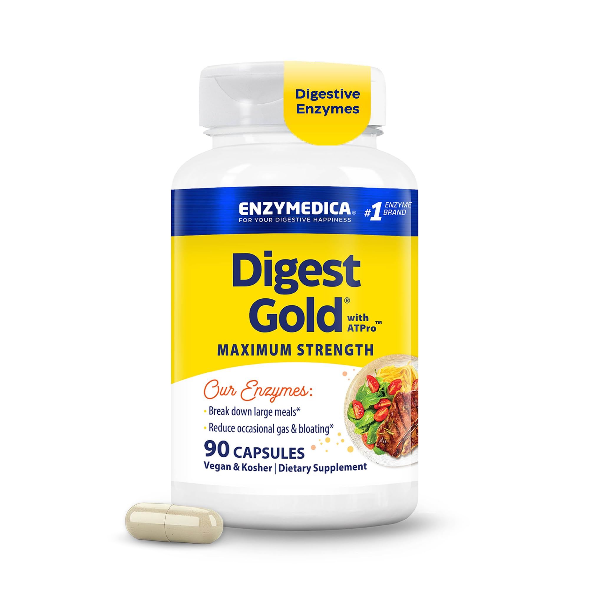 Enzymedica Digest Gold frente del envase mostrando diseño y 90 cápsulas, apoyo digestivo