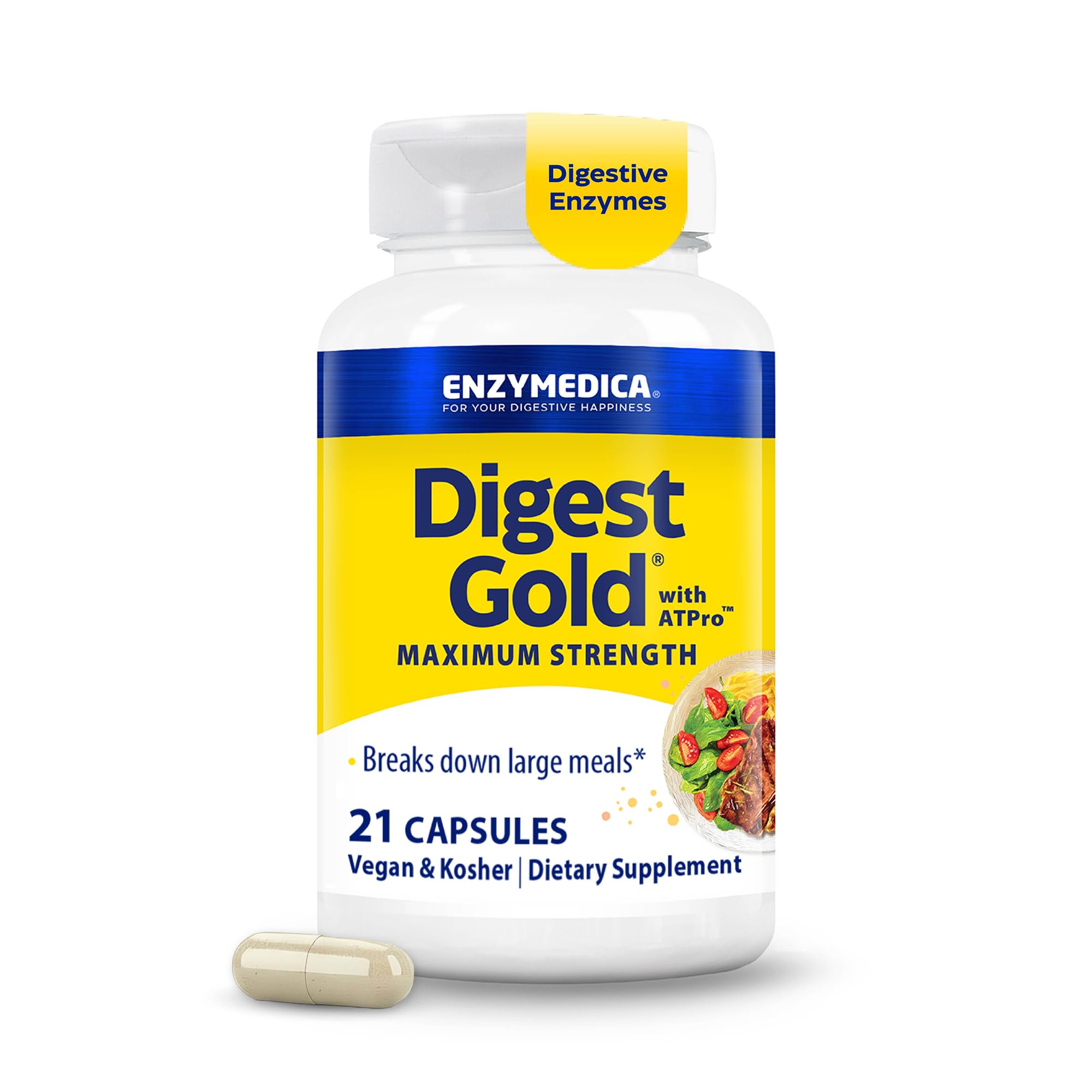 Enzymedica Digest Gold frente del envase mostrando etiqueta clara y beneficios