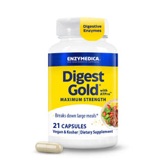 Enzymedica Digest Gold frente del envase mostrando etiqueta clara y beneficios