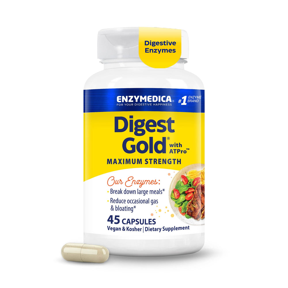 Enzymedica Digest Gold frontal del envase mostrando diseño y cápsulas
