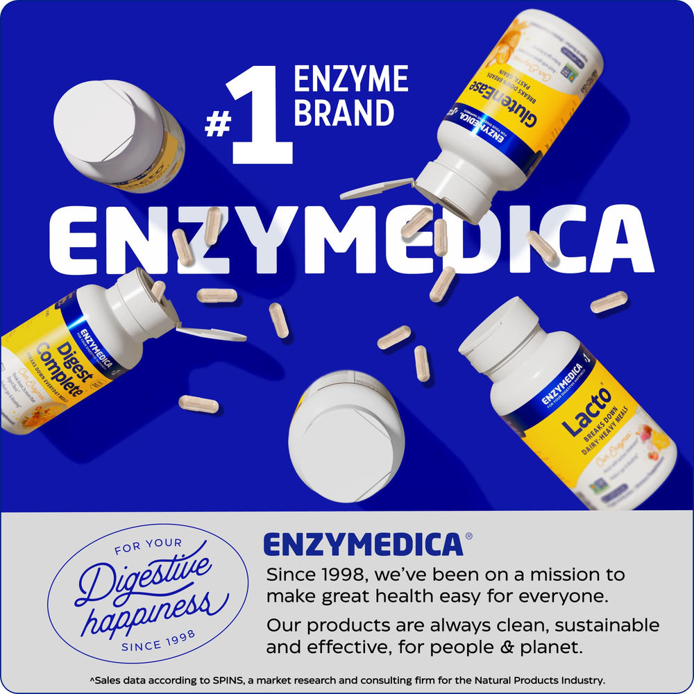 Enzymedica Digest Spectrum escena de comida y cápsulas, reduce gases y hinchazón