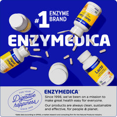 Enzymedica Digest Spectrum escena de comida y cápsulas, reduce gases y hinchazón