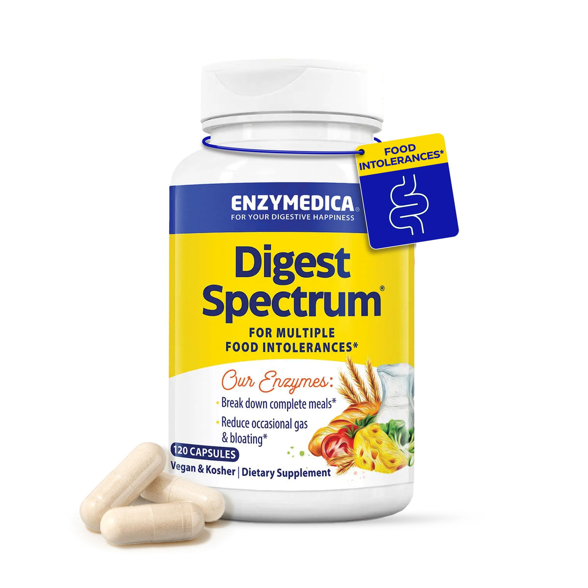 Enzymedica Digest Spectrum frontal del envase mostrando 120 cápsulas y beneficios