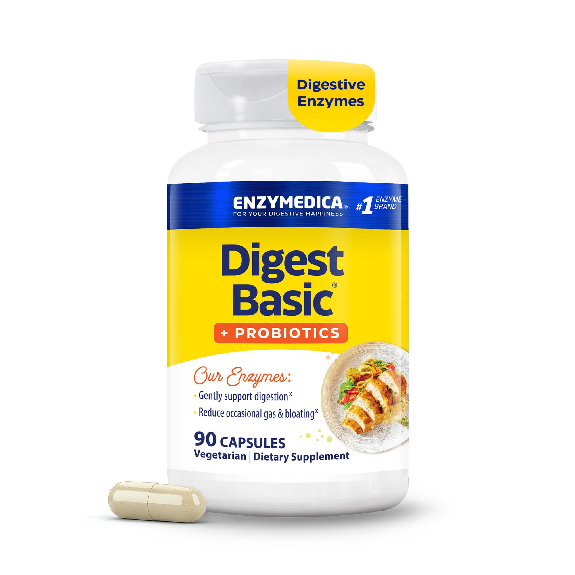 Enzymedica envase frontal mostrando 90 cápsulas y beneficios digestivos