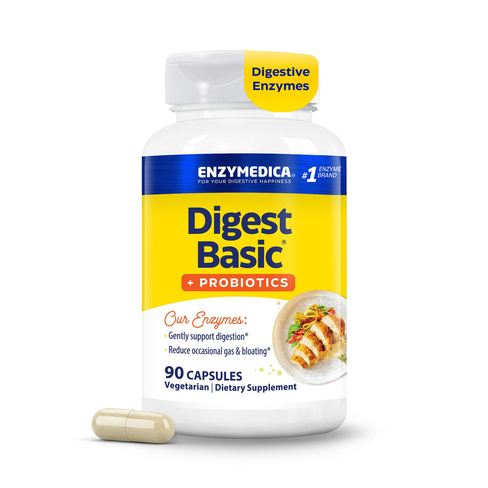 Enzymedica envase frontal mostrando 90 cápsulas y beneficios digestivos