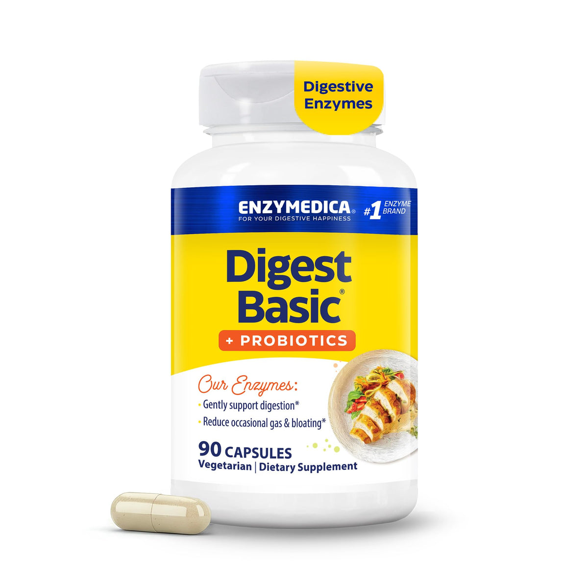 Enzymedica envase frontal mostrando 90 cápsulas y beneficios digestivos