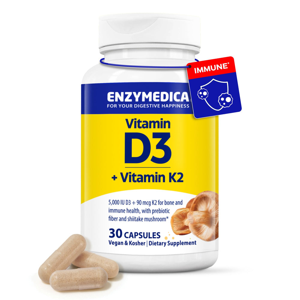 Enzymedica envase frontal mostrando D3 y K2, fácil identificación del suplemento